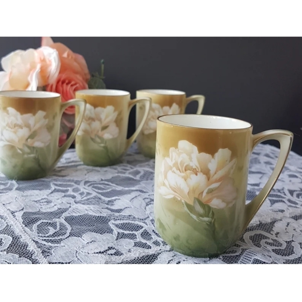 RS Germany Porcelain Tea Cups: Hand Painted Carnations, Set of 4 (1912-1945)